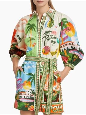 NEW.Tropical Paradise Print Belted Shirt Dress in Multicolor